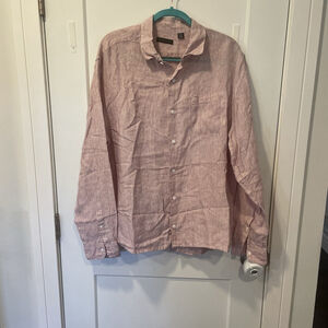 Saks Fifth Avenue Shirt Mens XL Red Striped Linen Long Sleeve Button Up Casual